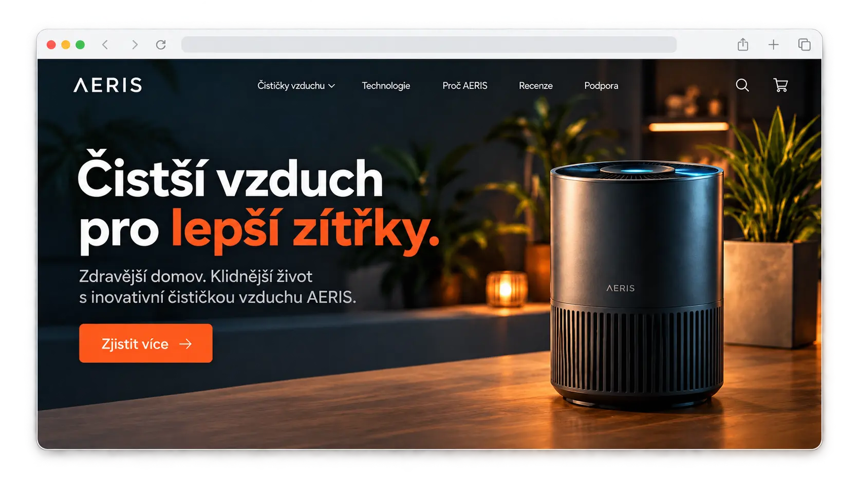 Ukázka microsite Aeris v okně prohlížeče