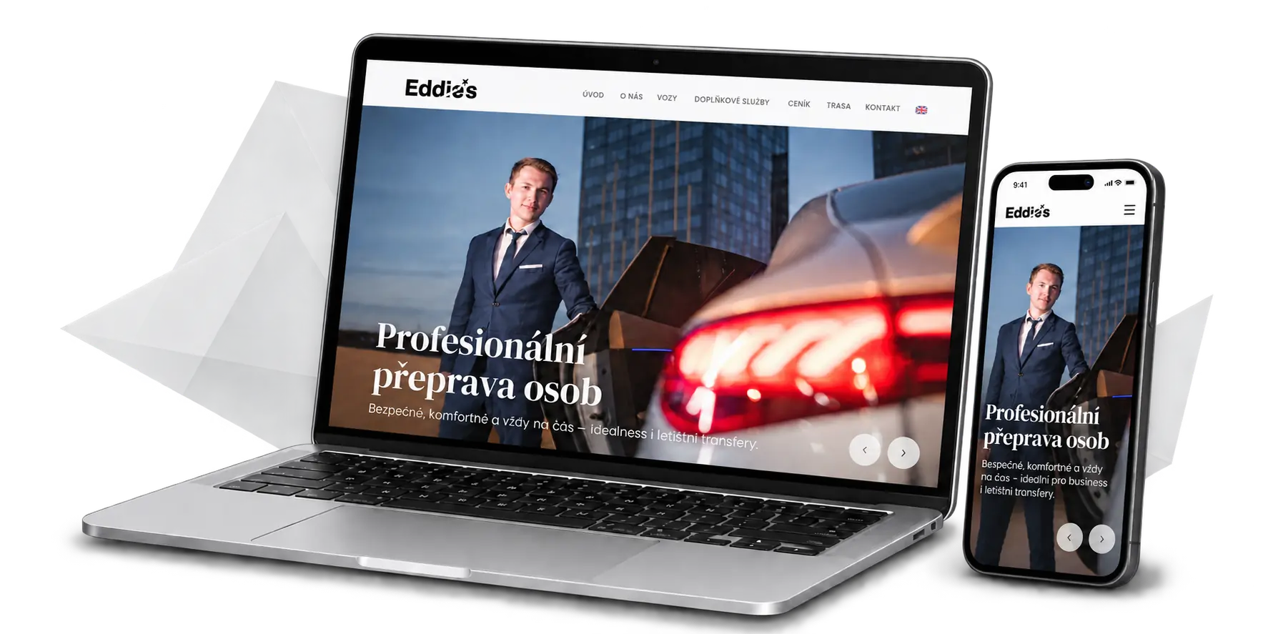 Ukázka responzivního webu Eddie’s Transport na notebooku a mobilním telefonu